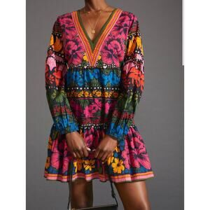 FARM RIO Anthropologie Tropical Tapestry Dress XS Black Floral Tiered Cotton.